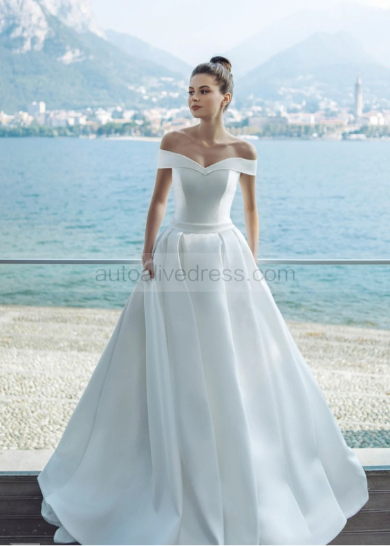 Off Shoulder White Satin Glamorous Wedding Dress